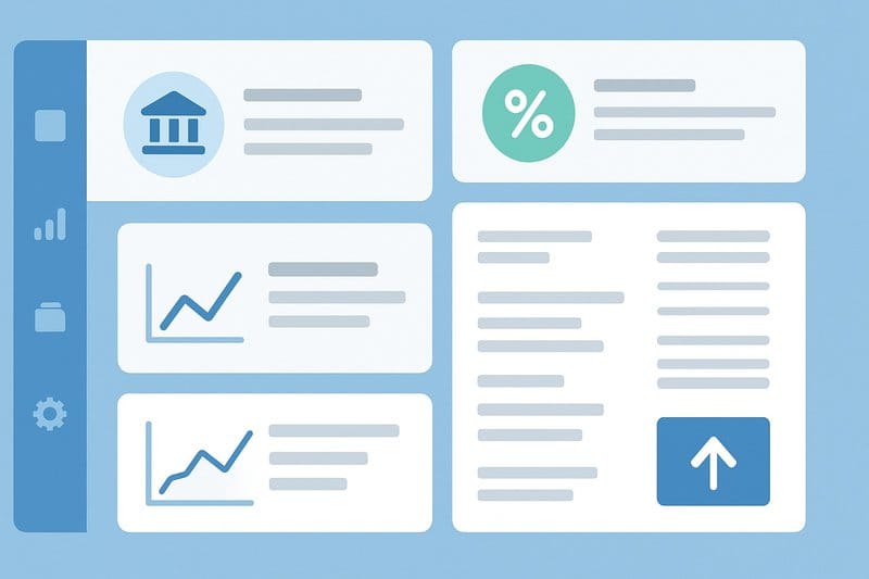 Schematische interface van boekhoudsoftware met iconen voor bankkoppeling, btw-overzicht en facturatie in een overzichtelijke lay-out.