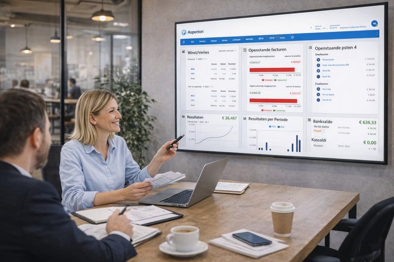 Ondernemer in coworking kantoor gebruikt asperion boekhoudsoftware met dashboards en grafieken om haar jaarafsluiting te plannen.