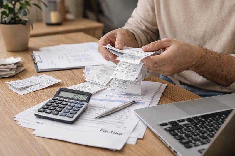 Persoon sorteert bonnetjes en werkt met een laptop en calculator om de jaarrekening voor te bereiden