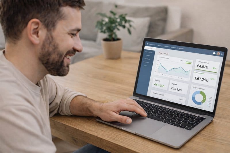 Ondernemer bekijkt boekhoudsoftware op een laptop met een duidelijk dashboard voor financiële rapportage