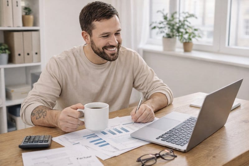 Ondernemer werkt aan een bureau met laptop en documenten om financiële administratie te bekijken