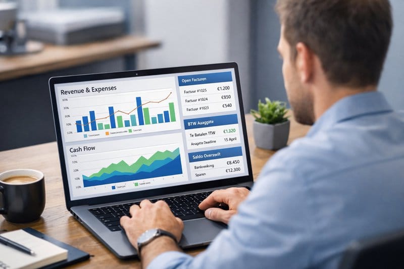 Ondernemer werkt aan boekhouding op laptop met financieel dashboard met grafieken, facturen en btw-overzicht